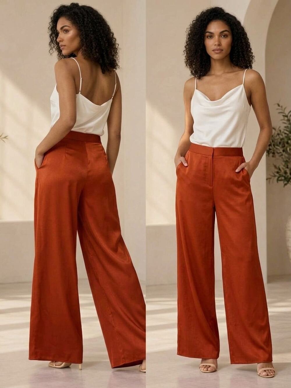 NWT MANGO Women's Rust orange Satin Wide Leg Pants Exclusive Collection Fall -L